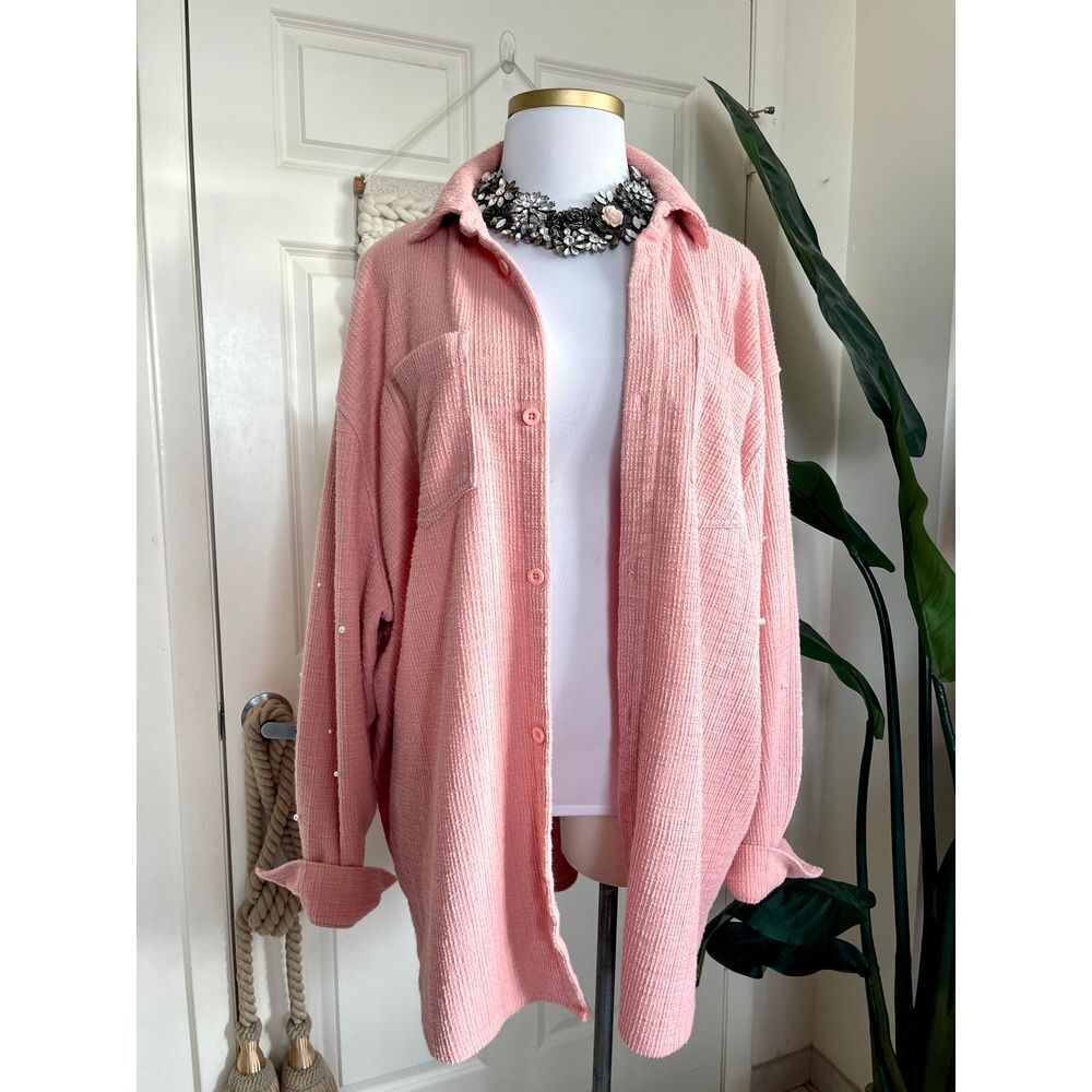 Plus Size 3X 4X 5X Unisex Button Down Shirt Faux Pearls Duster Layering Textured